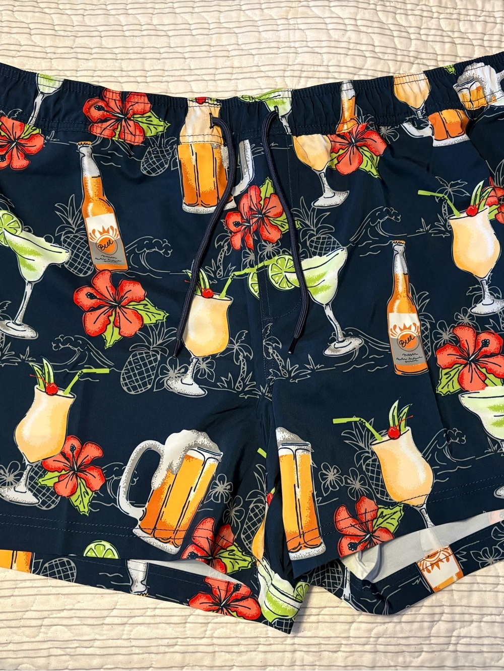 Trinity Navy Swim Trunks with Lime, Orange & Red Tropical Drink Print